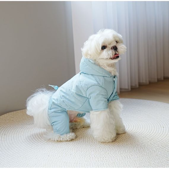 Зимний комбинезон для собак Cheepet однотонный с затяжкой на поясе, с кольцами под поводок, голубой | Зображення 4
