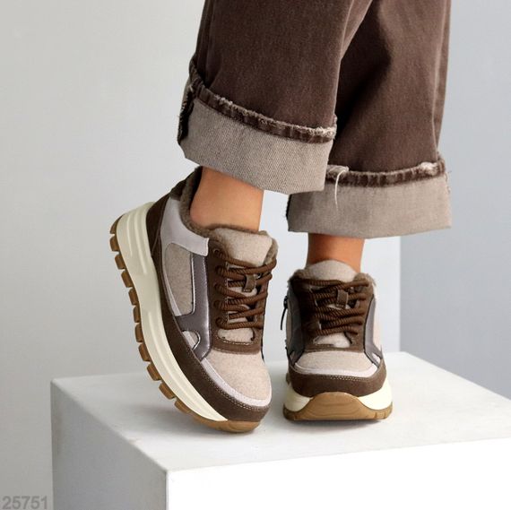 Дизайнерські комбіновані фетрові зимові кавово-бежеві кросівки | Зображення 2