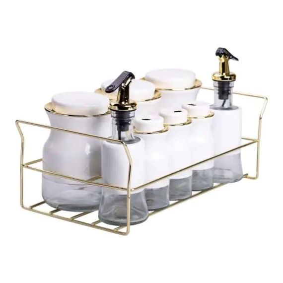 Набір для спецій на підставці з пляшками для олії та оцту 8 предметів Білий HP-1360W | Зображення 1