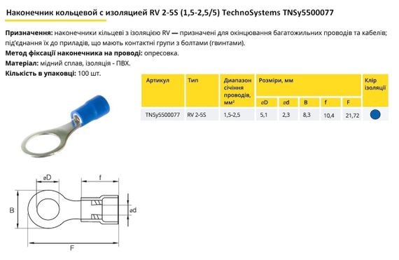 Наконечник кільцевий з ізоляцією RV2-5 (1.5-2.5/5) синій Ny95500077 | Зображення 1