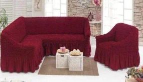 Бордо Чохол накидка на кутовий диван з кріслом, комплект чохлів на кутовий диван та крісло з оборкою Туреччина