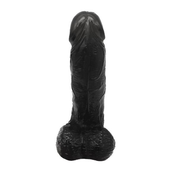 Реалистичный фаллоимитатор черного цвета с мошонкой на присоске 22 см | Зображення 7