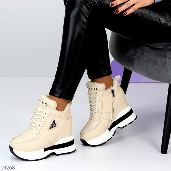 Молодіжні бежеві зимові снікерси на платформі танкетці | Зображення 9