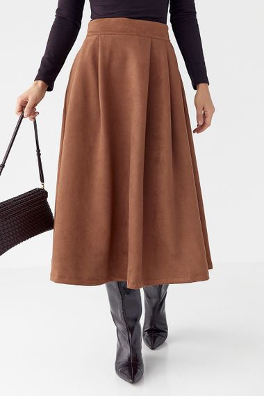 Замшева пишна спідниця довжини міді - коричневий цвет, M (є розміри)