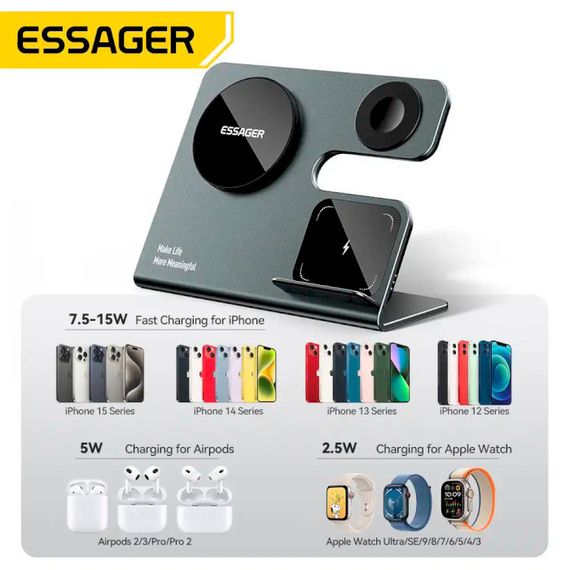 Бездротовий зарядний пристрій Essager  Ruicheng desktop magnetic suction three in one wireless charging of 15W black | Зображення 6