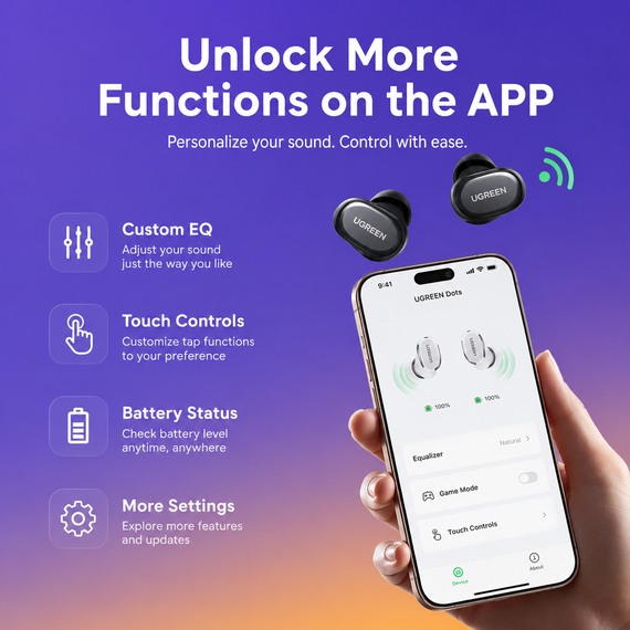 Навушники бездротові UGREEN Dots WS220 TWS Bluetooth 6.0 Black, до 35 годин роботи, Spatial Audio, AI шумозаглушення | Зображення 3