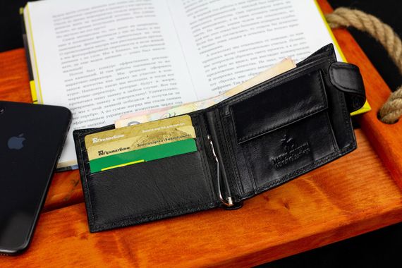 Гаманець портмоне чоловічий шкіряний маленький чорний для карток з затискачем | Зображення 9