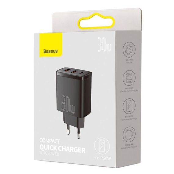 МЗП Baseus Compact Quick Charger 30W QC+ PD (1Type-C + 2USB) | Зображення 1