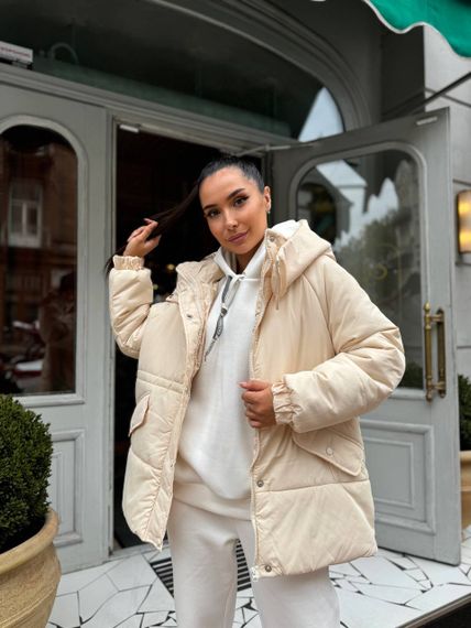 Женская теплая зимняя куртка на кулиске с капюшоном NB24035 цвет бежевый, размер 42/44 | Зображення 3