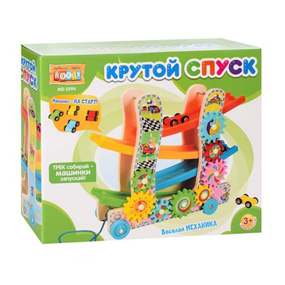 Деревянная игрушка "Трек" MD2594 каталка, машинки 4см 3шт, шестеренки | Зображення 2