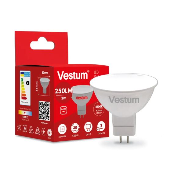 Світлодіодна лампа Vestum MR16 3W 4100K 220V GU5.3 1-VS-1501