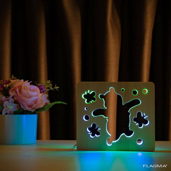 Светильник ночник ArtEco Light из дерева LED "Веселый медвеженок" с пультом и...