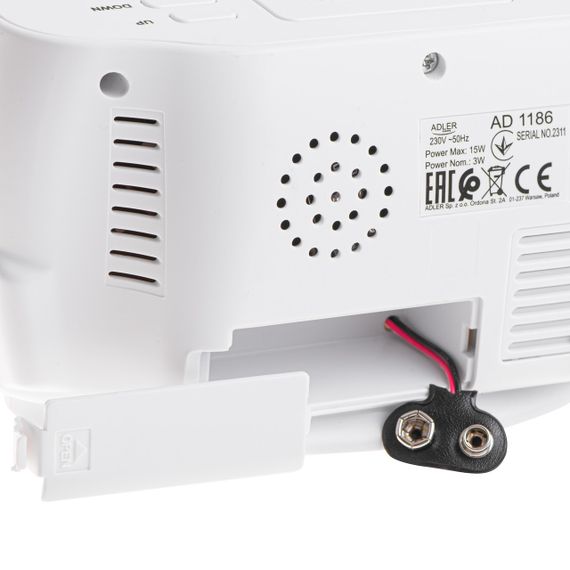 Часы-будильник Adler AD 1186 настольные, электронные, с LED-дисплеем, термометр, гигрометр, белые | Зображення 5