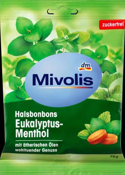 Mivolis "Конфеты эвкалипт с ментолом для горла", без сахара, 75 г., Германия