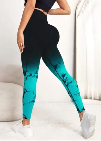 Леггинсы женские спортивные с пуш-ап Tie Dye gradient 18749 L черные с бирюзовым | Зображення 3