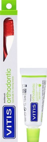 Ортодонтична зубна щітка зі звичайною головкою VITIS ORTHODONTIC REGULAR червона + зразок пасти VITIS ORTHODONTIC, 15 мл (DENTAID)