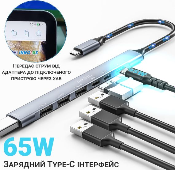 USB Type-C хаб, концентратор/разветвитель для ноутбука Addap UH-04CS, на 7 портов: 3×USB 2.0, 1×USB 3.0, 3×Type-C, Gray | Зображення 7