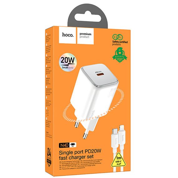 СЗУ Hoco N40 Mighty PD20W (1USB-C) + кабель Type-C to Lightning White | Зображення 4