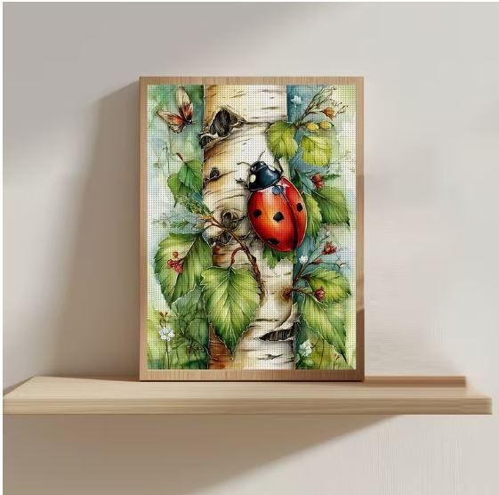 Набор для вышивки крестом JOZYSH «Красная божья коровка на березе» 14CT, 30x40 см, канва Аида с нанесенным рисунком | Зображення 6