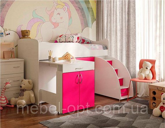 Ліжко-кімната Bed Room-5 колір малина (рожевий), висувні сходи-комод, висувний стіл, вибір кольору фасадів | Зображення 1