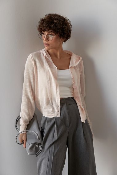 Легкий в'язаний кардиган на ґудзиках із капюшоном - пудра цвет, ONE SIZE (є розміри)