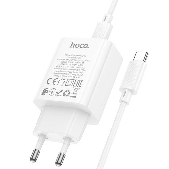 СЗУ Hoco C143A Benefit PD20W (1USB-C) + кабель Type-C to Type-C White | Зображення 6