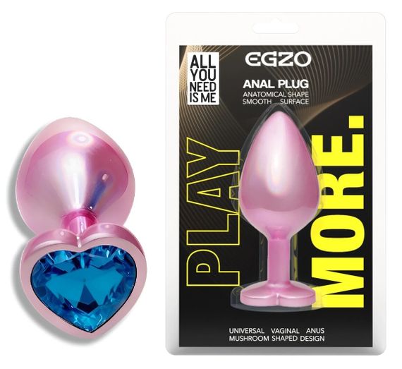 Анальная пробка EGZO Pink Perl Heart Plug S, розовая металлическая с синим кристаллом Sex Aura