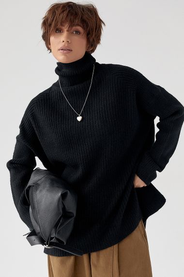 В'язана туніка в рубчик із високою горловиною - чорний цвет, ONE SIZE (є розміри) | Зображення 4