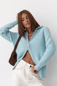 В'язаний кардиган із коміром на блискавці - блакитний цвет, ONE SIZE (є розміри)