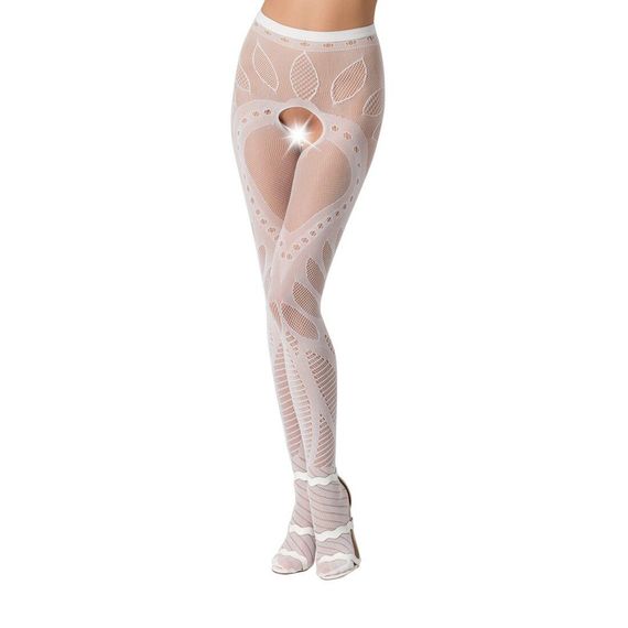 Еротичні колготки-бодістокінг Passion S007 white, гарні ажурні колготки з вирізом, S/M/L