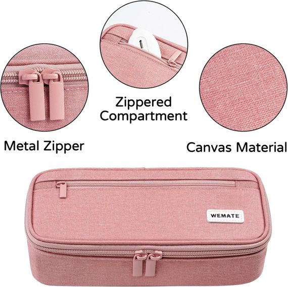 Пенал великий рожевий з лляної тканини на блискавці, органайзер для канцелярії, косметики, дрібниць, з 5 відділеннями для дівчинки | Зображення 4