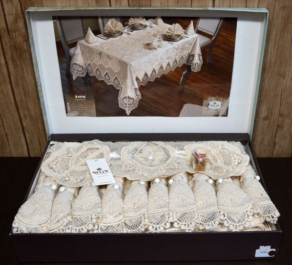 Велюровая скатерть с ранером Selin Azra Set 160×350+12 салфеток Бежевая | Зображення 2