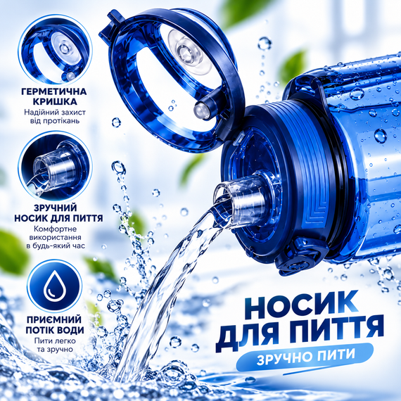 Бутылка для воды KANGZYUAN 700 мл спортивная синяя Tritan BPA Free ударопрочная с герметичной крышкой и съемным фильтром | Зображення 1