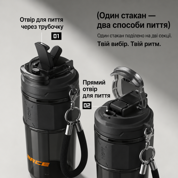 Кружка RACE Dual-Sip (650 мл) з двома секціями соломинкою та ремінцем — Чорна | Зображення 6