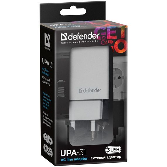 Мережевий зарядний пристрій Defender UPA-31 White, 3xUSB, 5V / 3.1A (83587) | Зображення 3
