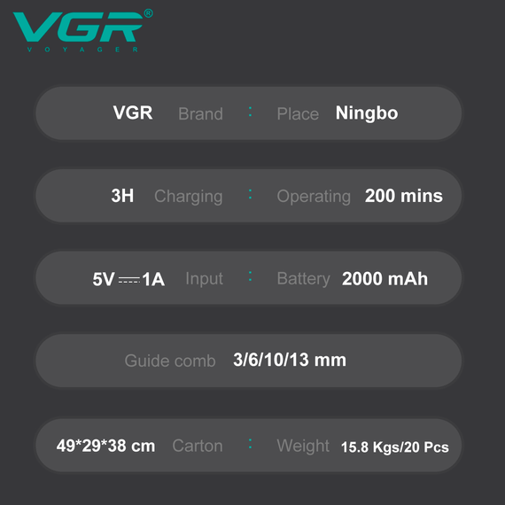 Аккумуляторная машинка для стрижки животных VGR V-201, 4 насадки, LED дисплей | Зображення 2