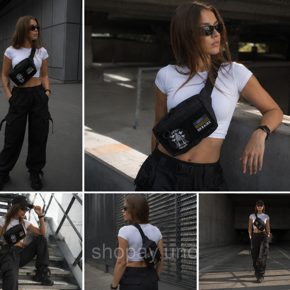 Тактическая сумка-бананка Cordura черная, 25×17×7 см, панель для патчей, 4 кармана, через плечо / на пояс | Зображення 2