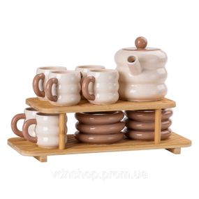 Чайный сервиз на 6 персон с 2-ярусной бамбуковой подставкой HP-15-20