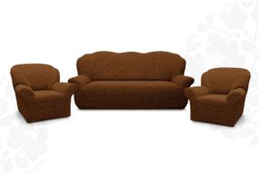 Жаккардовый чехол на диван + 2 кресла без юбки Коричневый