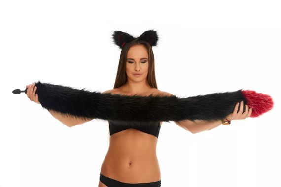 Анальний хутряний хвіст без пробки, Чорний з темно-червоним кінчиком, OKOVA 100 см. Sex Aura | Зображення 3