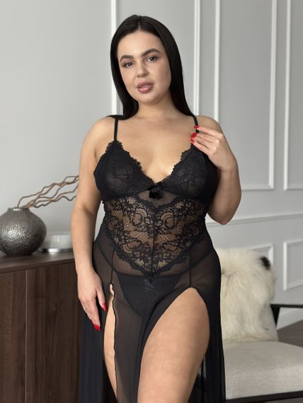 Розкішна чорна мереживна довга сорочка PLUS SIZE | Зображення 4