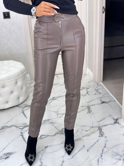 Женские утепленные узкие кожаные брюки на замше, BU8780 цвет мокко, размер 50 | Зображення 5