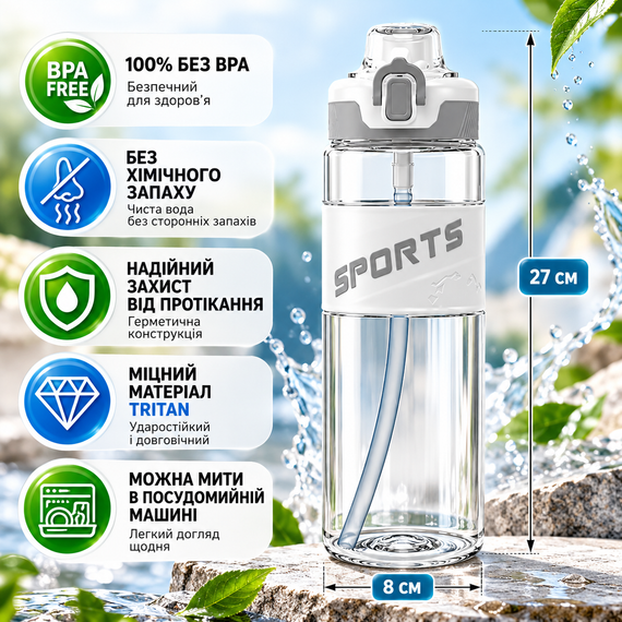 Эко-бутылка KANGZYUAN 500 мл белая спортивная для воды Tritan без BPA ударопрочная с эргономичной крышкой | Зображення 6