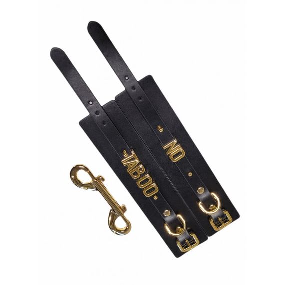 Наручники з написом NO TABOO від UPKO з італійської шкіри, чорні із золотою фурнітурою | Зображення 2