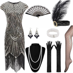 Сукня Гетсбі 20-х коктейльна з паєтками бахромою, пов’язкою прикрасами перчатками, жіночій ретро образ флаппер Чарльстон Хелловін
