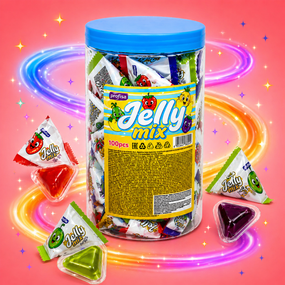 Желейні цукерки Jelly mix трикутники 100шт по 10г - фруктовий мікс - м’які жувальні в банці з ручкою