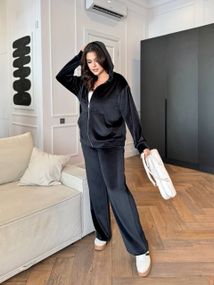 Женский велюровый спортивный костюм на молнии, большие размеры и батал, SS181 цвет черный, размер 56/60