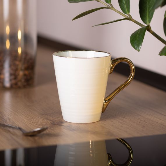 Кружка фарфоровая с золотым ободком и позолоченной ручкой 320 (мл) Бежевая RX-N240624BE | Зображення 3