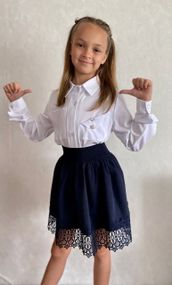 Детская школьная юбка на девочку с кружевом и высокой посадкой цвет темно-синий размер 134, SBR325