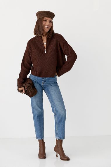 В'язаний светр із блискавкою на горловині - темно-коричневий цвет, ONE SIZE (є розміри) | Зображення 2